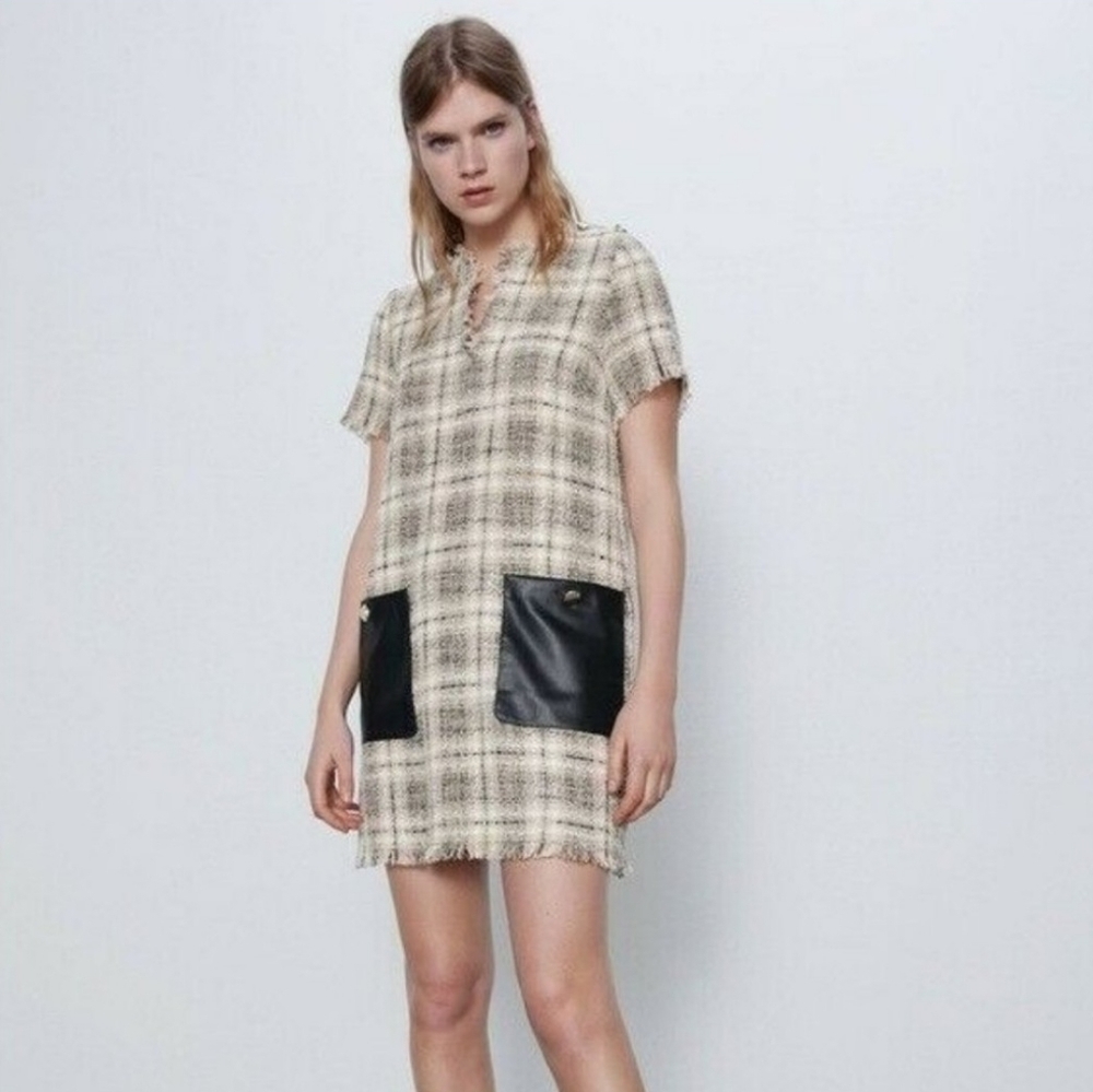 ZARA Tweed Plaid Mini Dress with Faux Leather Pockets | NWT XS - Picture 4 of 13